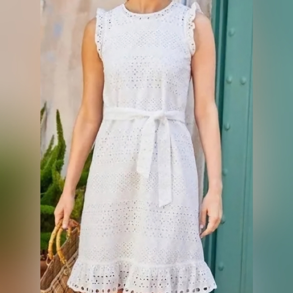 J McLaughlin White Eyelet Zita Sleeveless Dress, Size Large